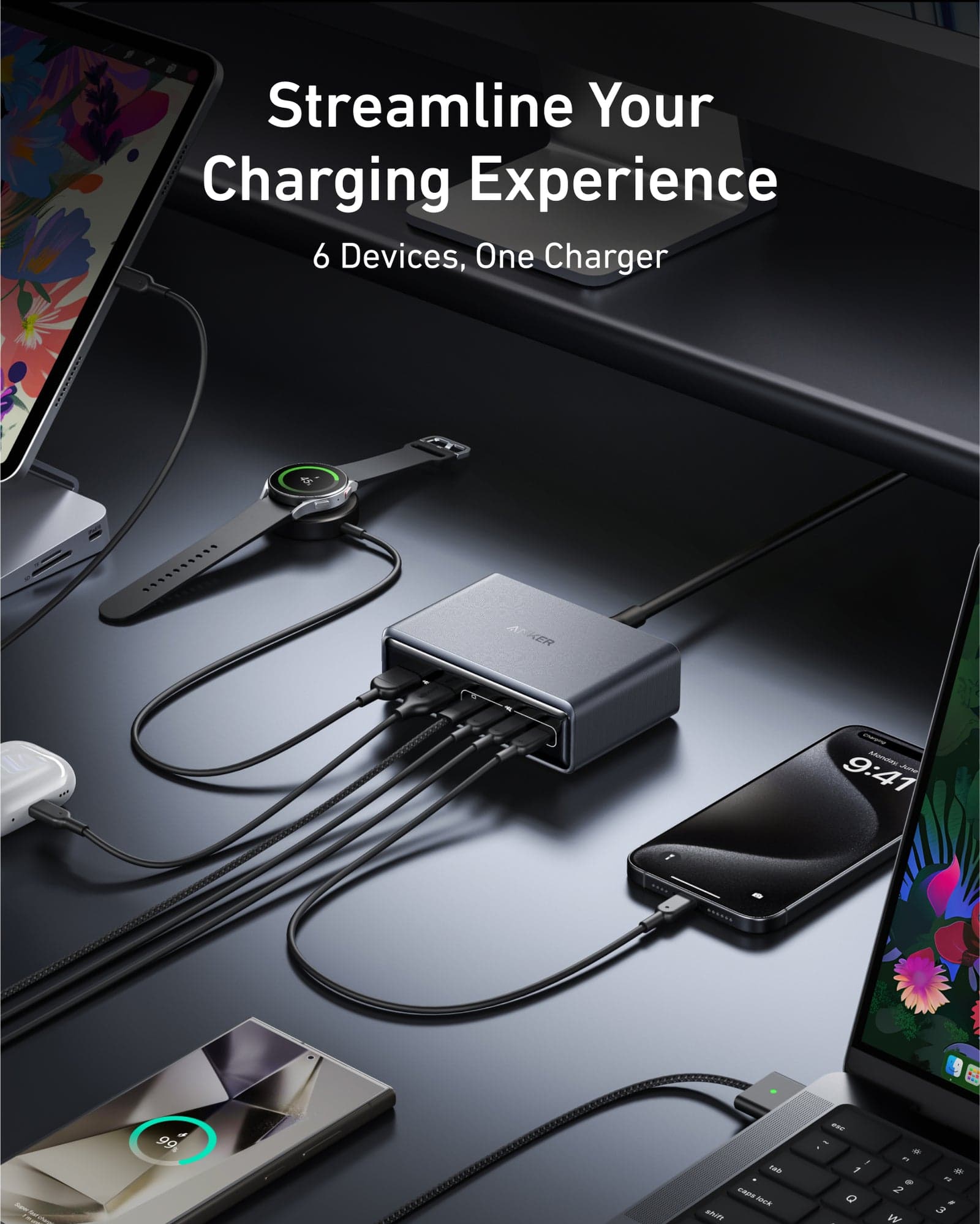 Anker Prime 200W charging station powering six devices on a desk