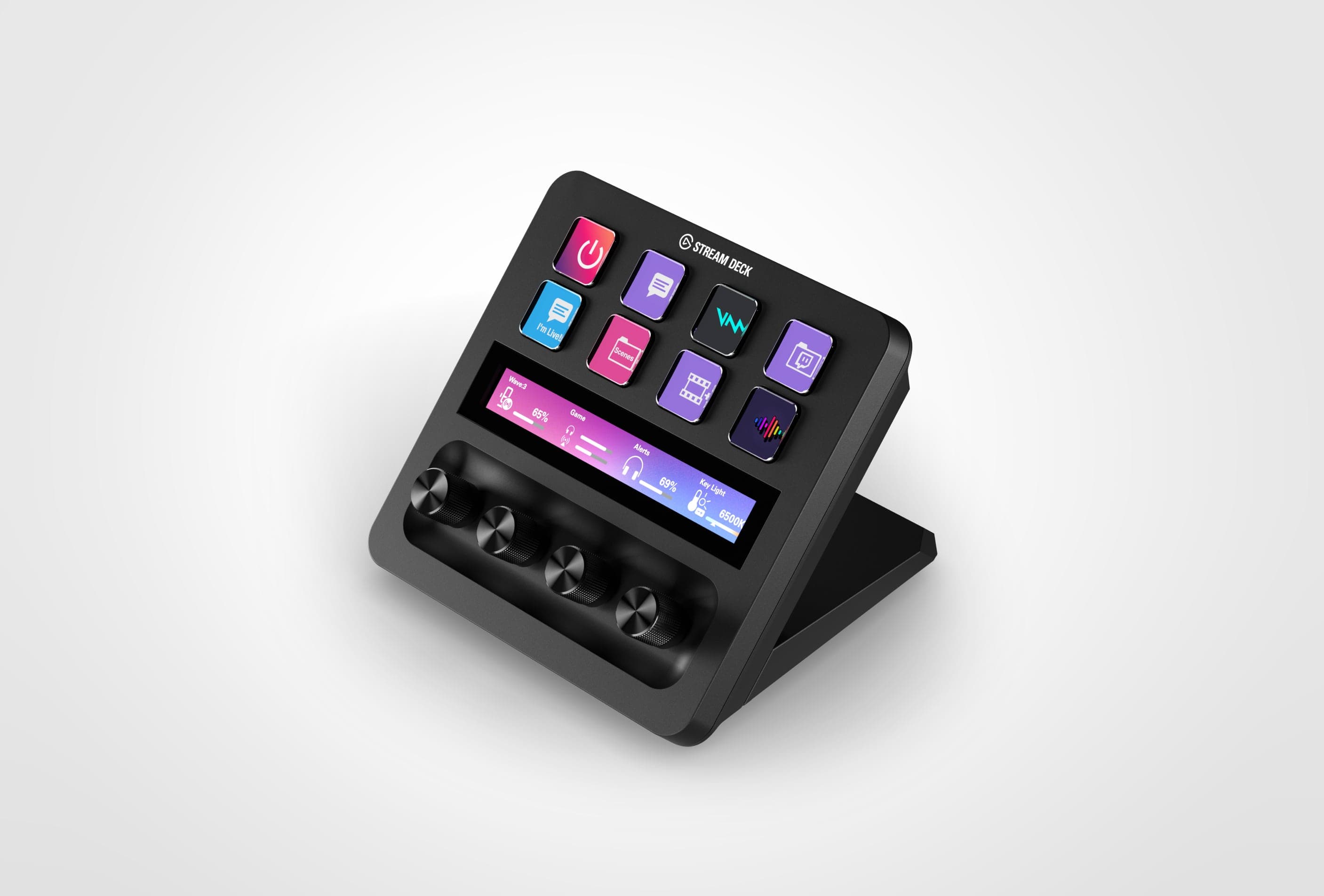 Black Elgato Stream Deck Plus in a front studio view