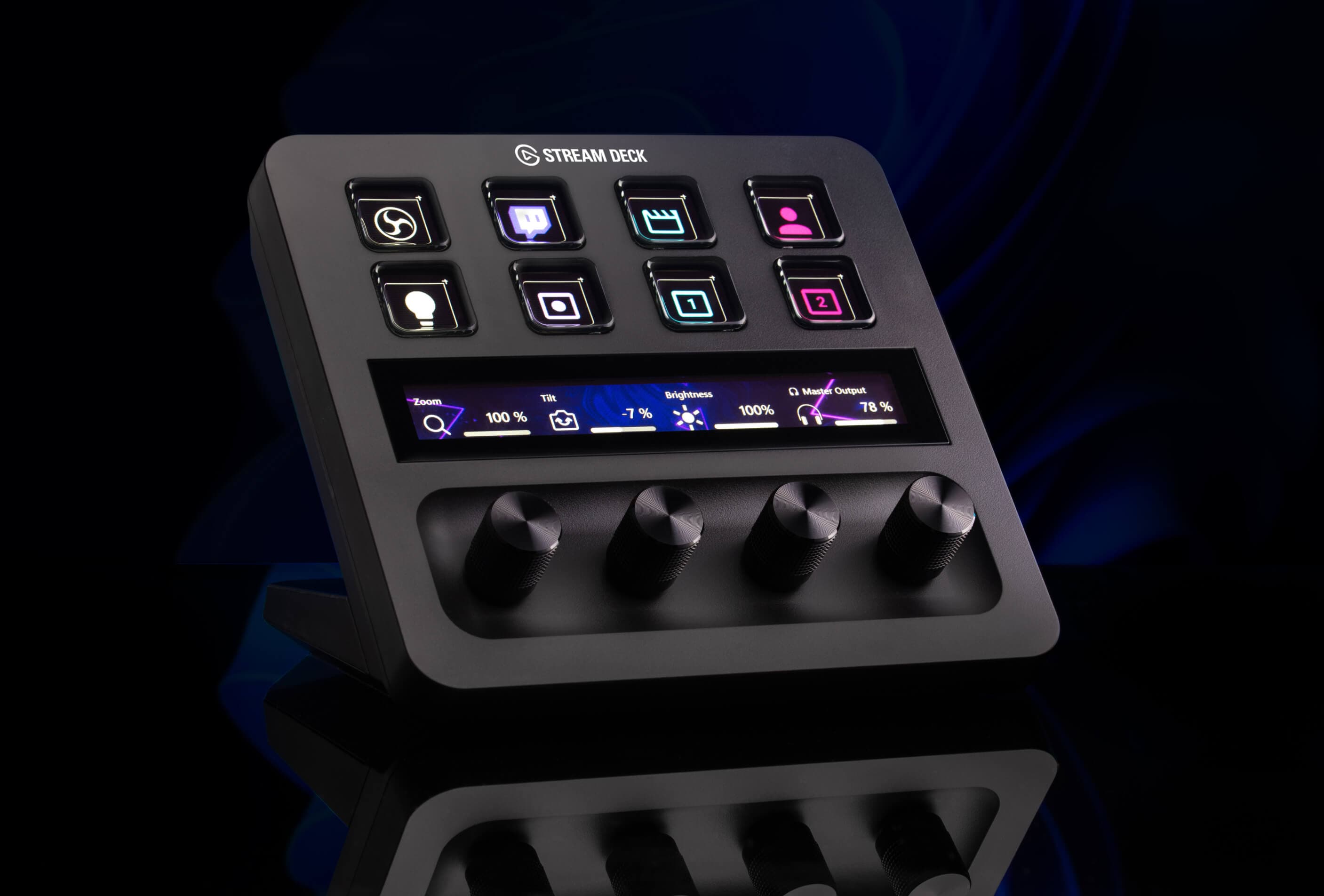 Elgato Stream Deck Plus showing display keys, dials, and touch strip