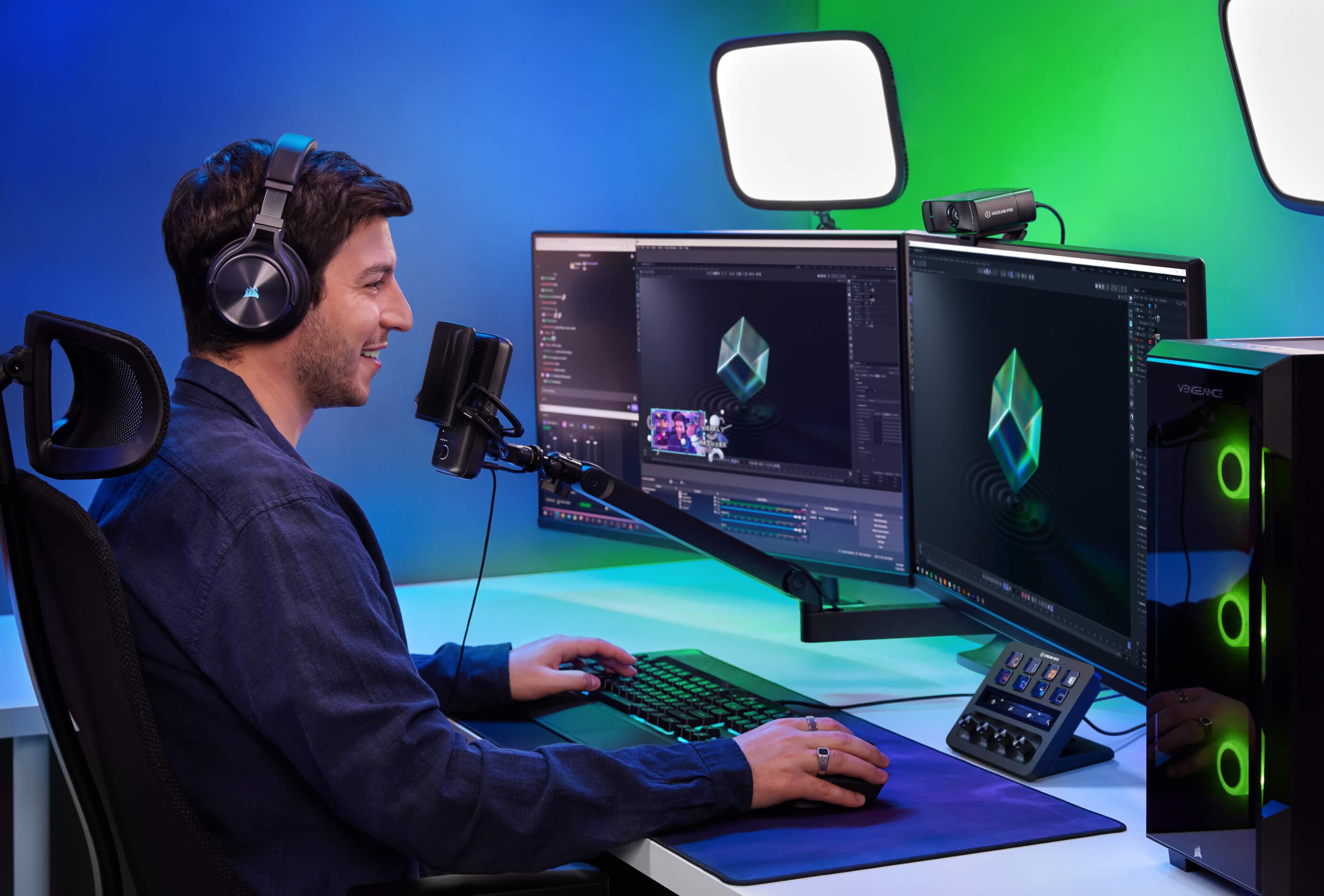 Elgato Stream Deck Plus viewed at an angle on a dark surface