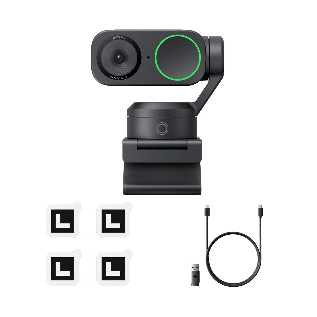 Insta360 Link 2 webcam with recognition markers and USB cable