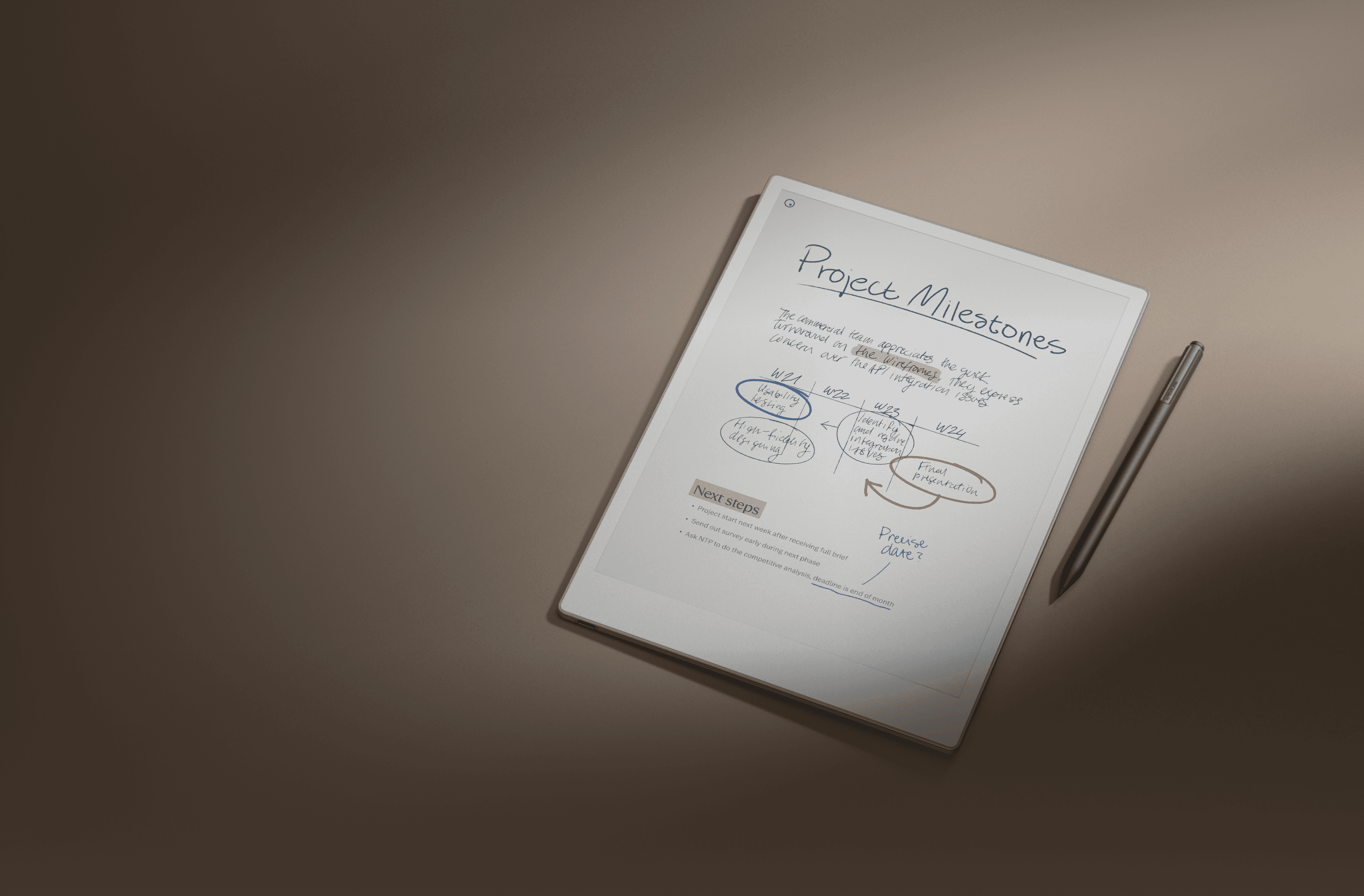 reMarkable Paper Pro and Marker on a desk with project notes