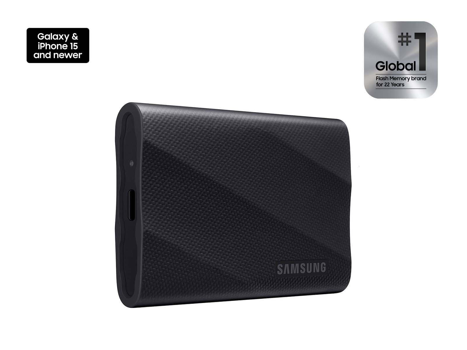 Black Samsung T9 portable solid-state drive in a studio view
