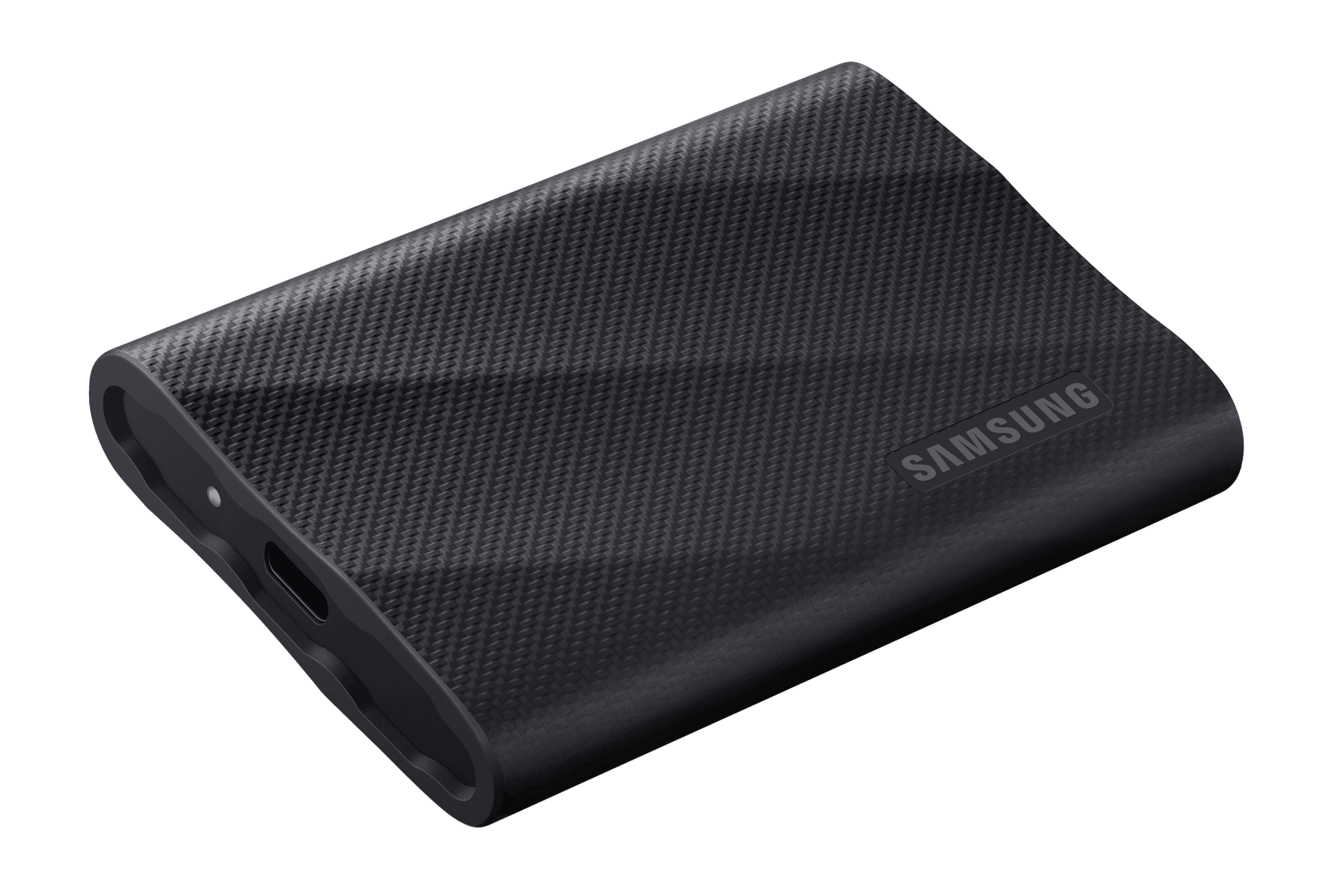 Samsung T9 portable SSD viewed from the textured front face