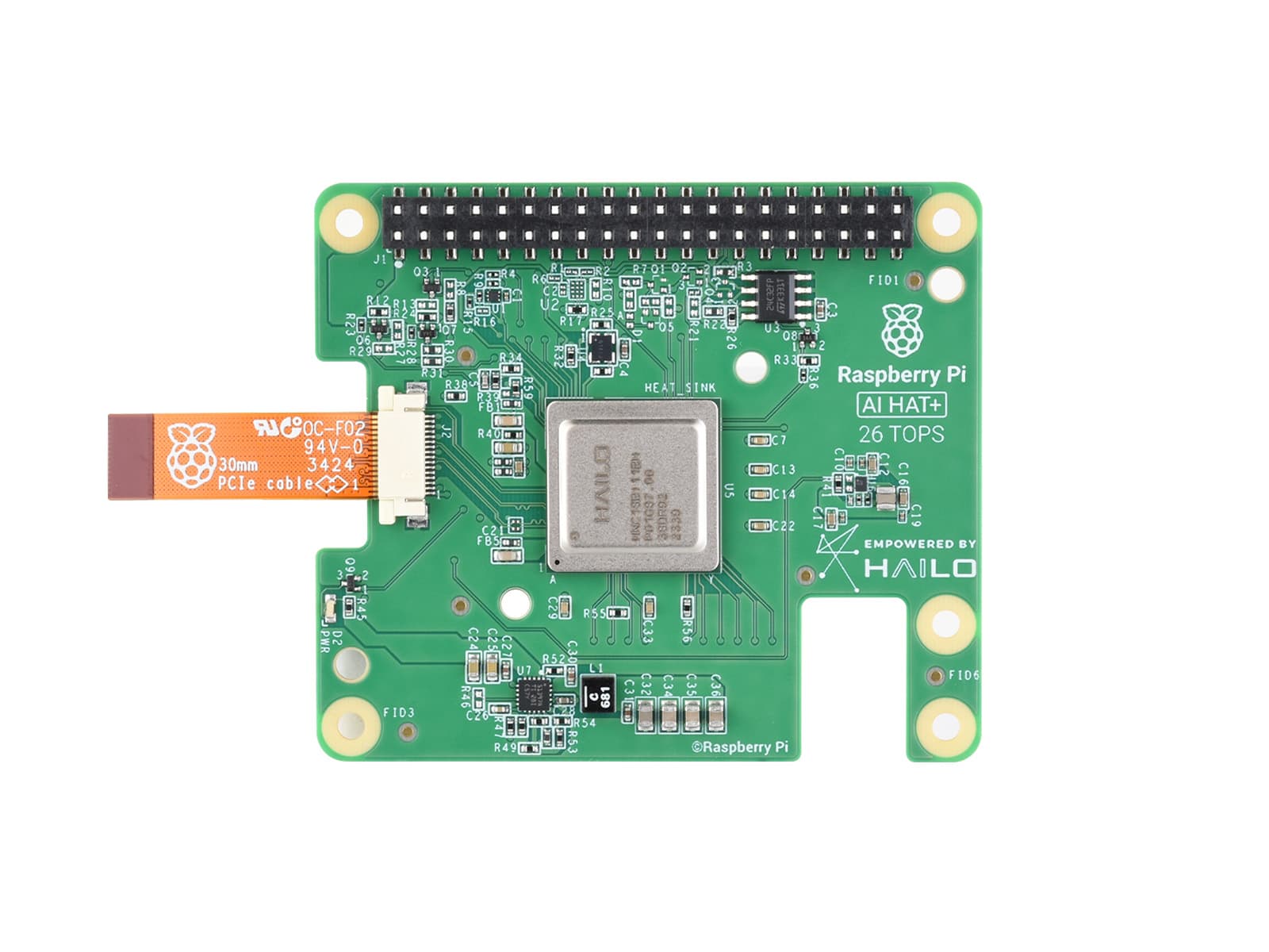 Top view of the Raspberry Pi AI HAT+ 26 TOPS accelerator included in the Vilros kit