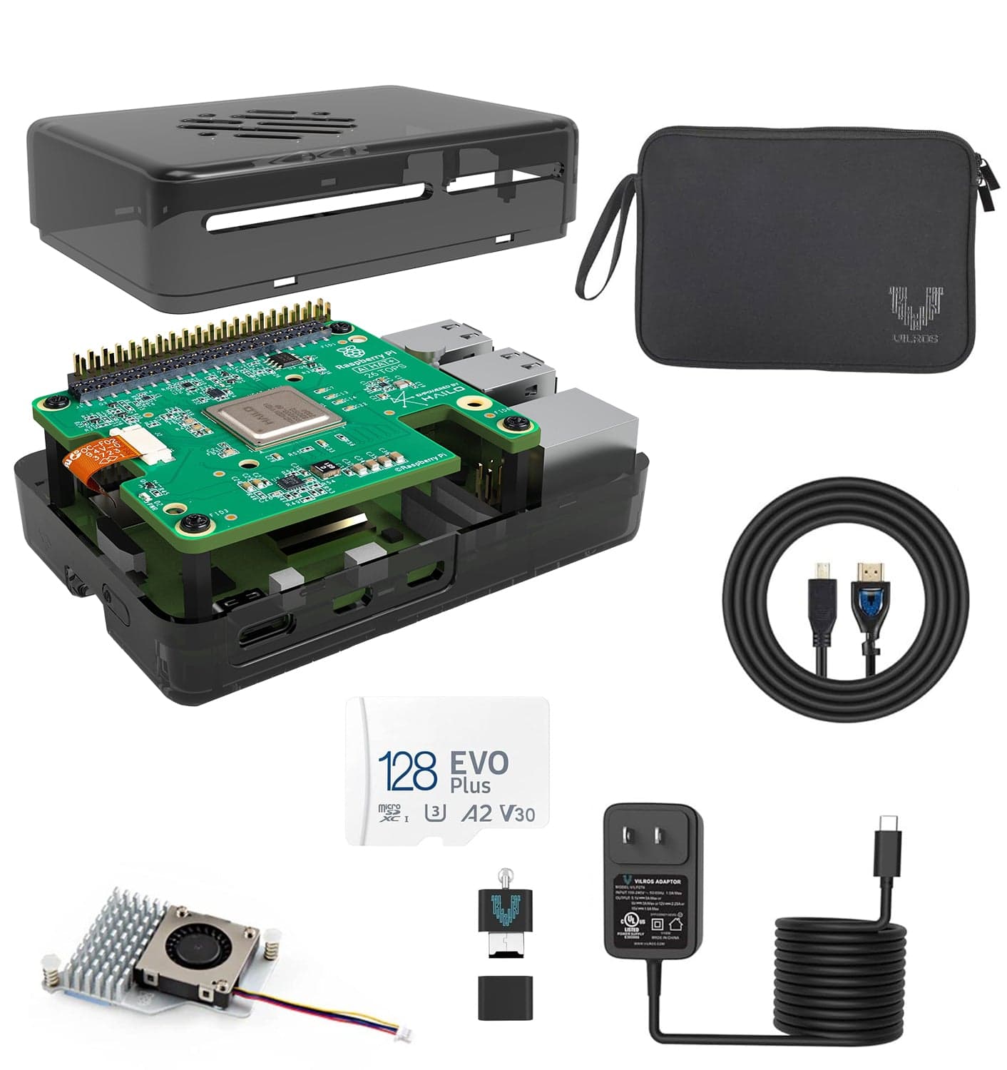 Vilros Raspberry Pi 5 AI Kit showing the 26 TOPS AI HAT+, Pi 5, case, storage, power supply and accessories