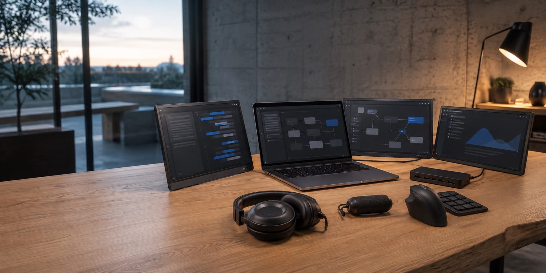 A representative AI-enabled workspace with a laptop, three portable displays, headphones, a mouse, and a desktop controller