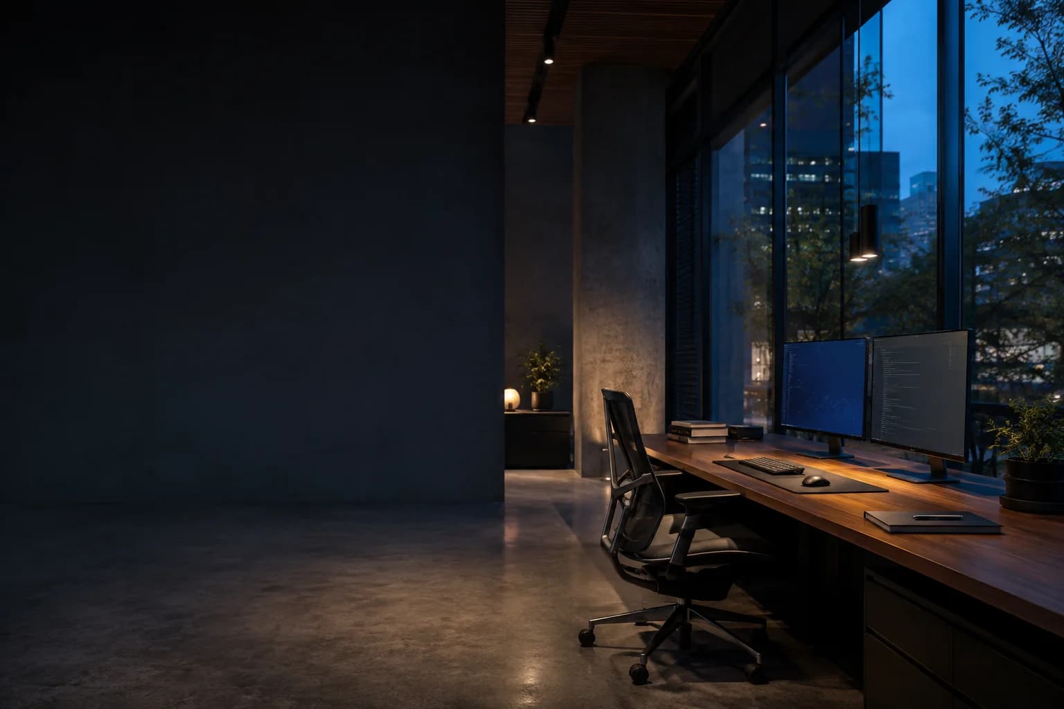 Illustrative technology studio with dark walls, workstations and blue evening light